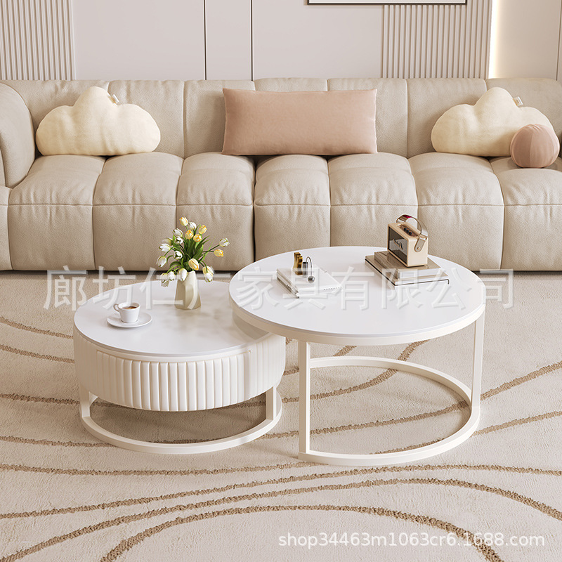 Mesa de centro de pizarra de roca personalizada, sala de estar, hogar, apartamento pequeño, mesa de té moderna de lujo ligero, estilo crema, vidrio redondo, combinación simple