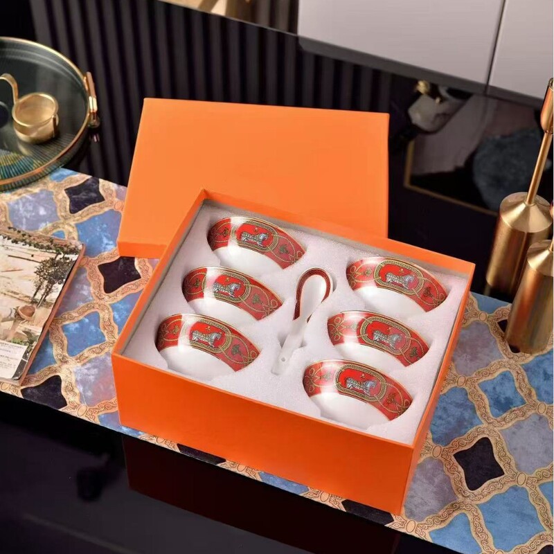2024 new horse orange oriental steed figure bone china rice bowl 4.5 inch bird's nest soup bowl 6 bowl 6 spoon gift box
