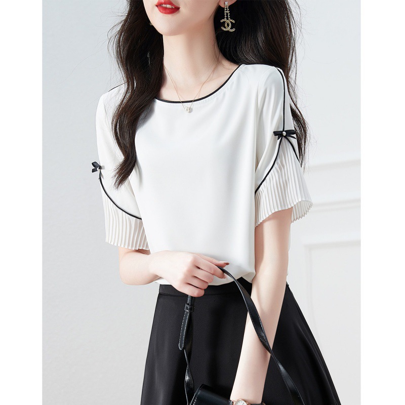 Summer elegant professional shirt with bow with a round collar