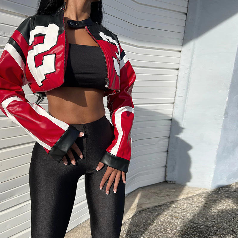 European and American Export 2025 Summer Women's New Fashion Motorcycle Contrast Color Embroider Stitching Slim Imitation Leather Jacket