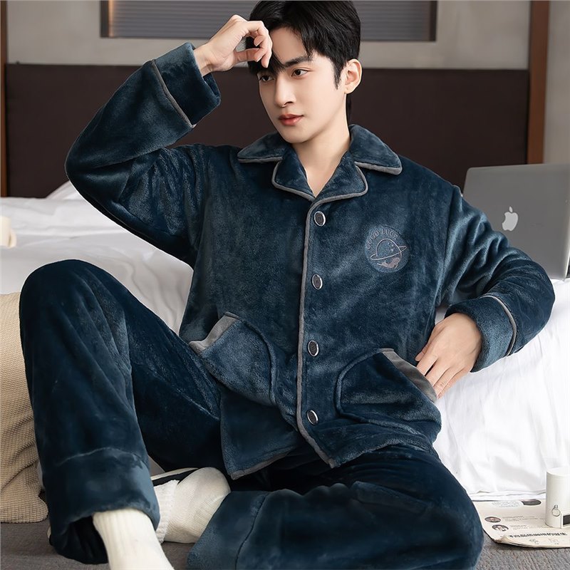 Pijama de invierno para hombres engrosado conjunto de franela de coral de mediana edad ropa para el hogar de lana