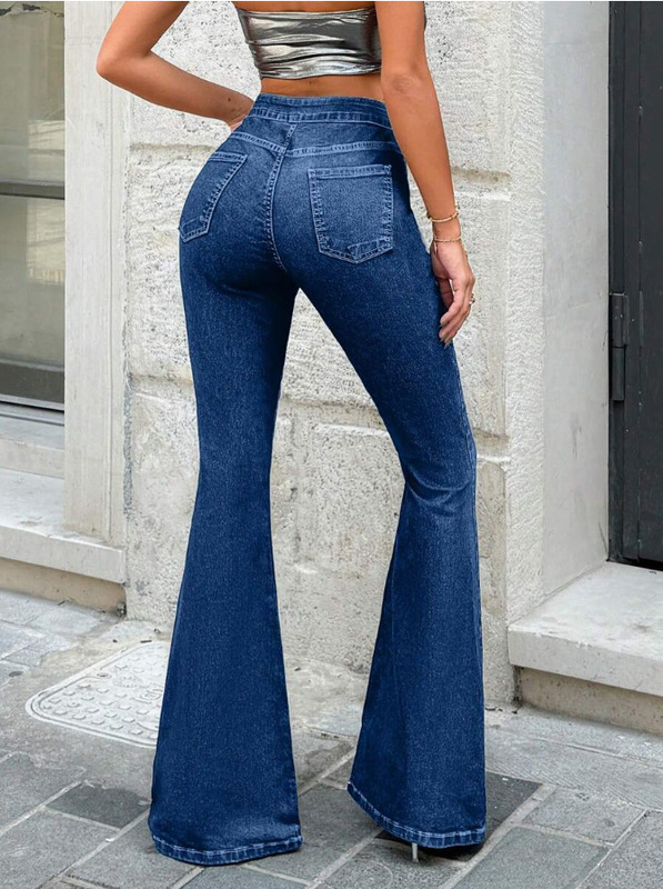 跨境美式速卖通Womenjeans简约微喇裤蓝色牛仔裤女百搭显瘦高街|undefined