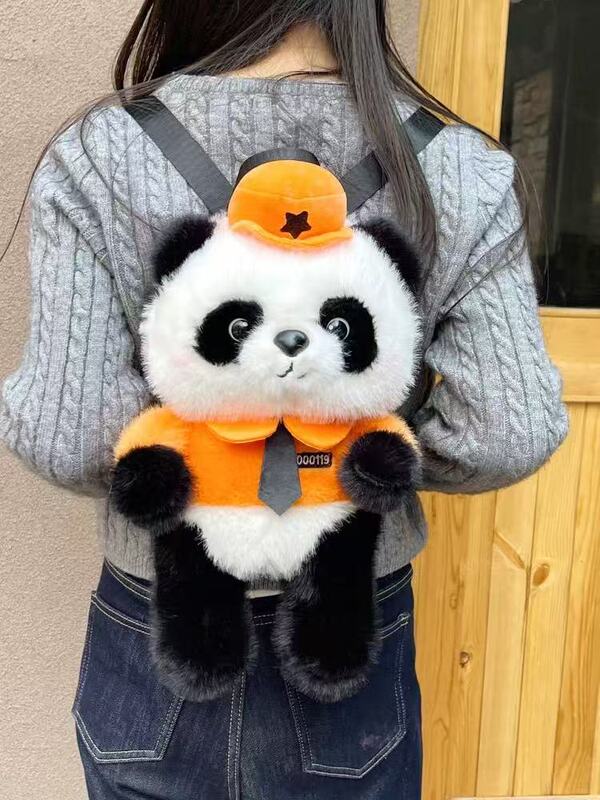 可爱警察熊猫毛绒双肩包成都礼品呆萌制服大熊猫儿童包包厂家直销|undefined
