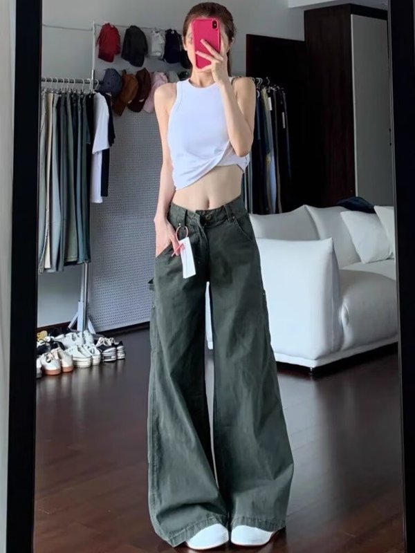 美式复古军绿色阔腿牛仔裤女秋季高腰设计感小个子阔腿裤大码女装|undefined