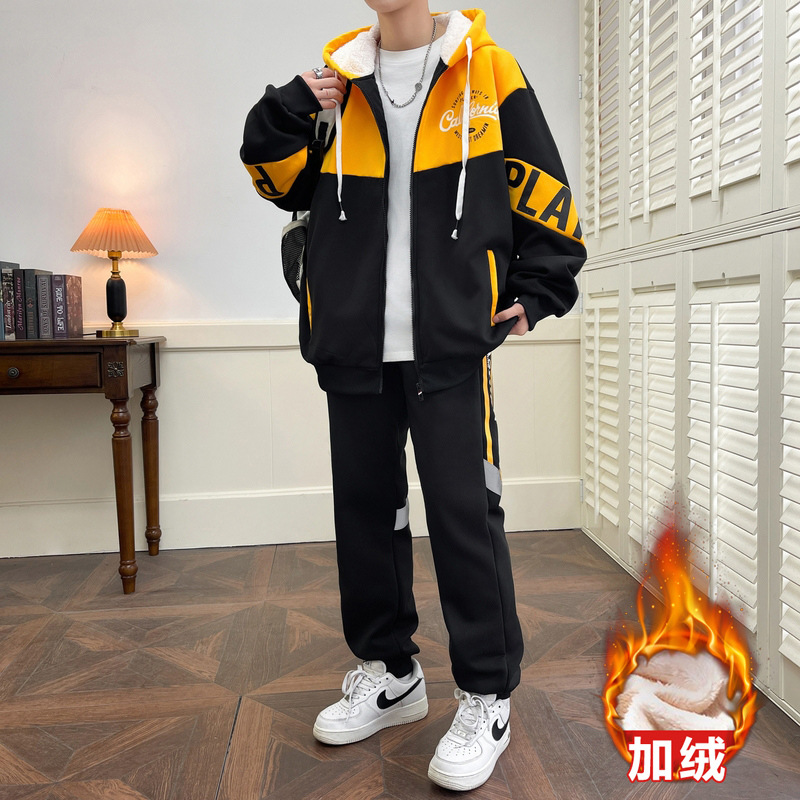 Conjunto de sudadera gruesa con forro polar para hombre, conjunto de dos piezas deportivo informal, cómodo y cálido, con patchwork de moda para otoño e invierno, para adolescentes.
