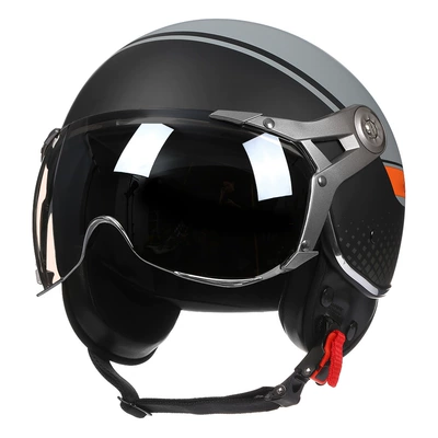 Cross-border exclusive for battery car helmet half helmet four-season universal men's and women's half-covered motorcycle helmet in stock wholesale (Motosiklet kaskı (dəbilqə)) - black-gray-and-orange-lines-original-electroplated-transparent-silver-lenses-please-contact-customer-service-if-you-need-tea-lenses-m