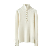 秋冬款100%山羊绒衫女抽条半高领修身打底衫紧身内搭针织金扣毛衣