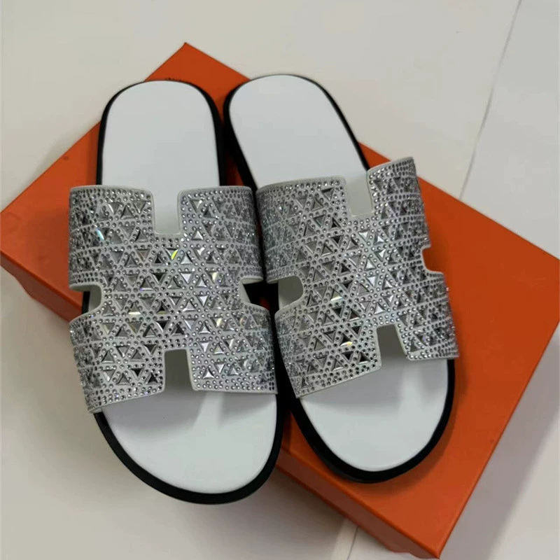 Трансграничная электрическая торговля мужские тапочки со стразами новые тапки с горячими бриллиантами мужские пляжные туфли H домашние заклепки черные белые тапочки