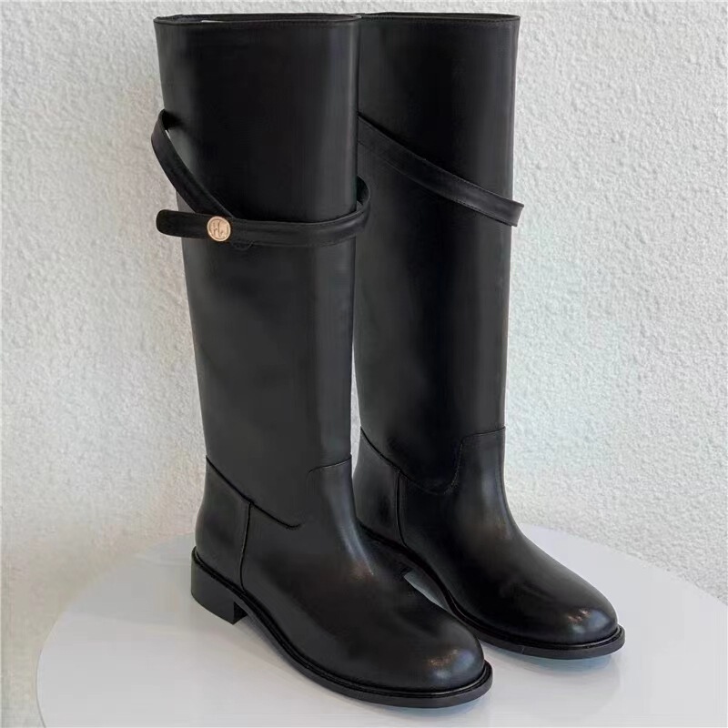 Fever Same Style Boots Women's Leather Knight Boots High Barrel Retro Small Gold Buckle But Knee Long Boots Sleeve Boots Women Fever Same Style Boots Women's Leather Knight Boots High Barrel Retro Small Gold Buckle But Knee Long Boots Sleeve Boots Women