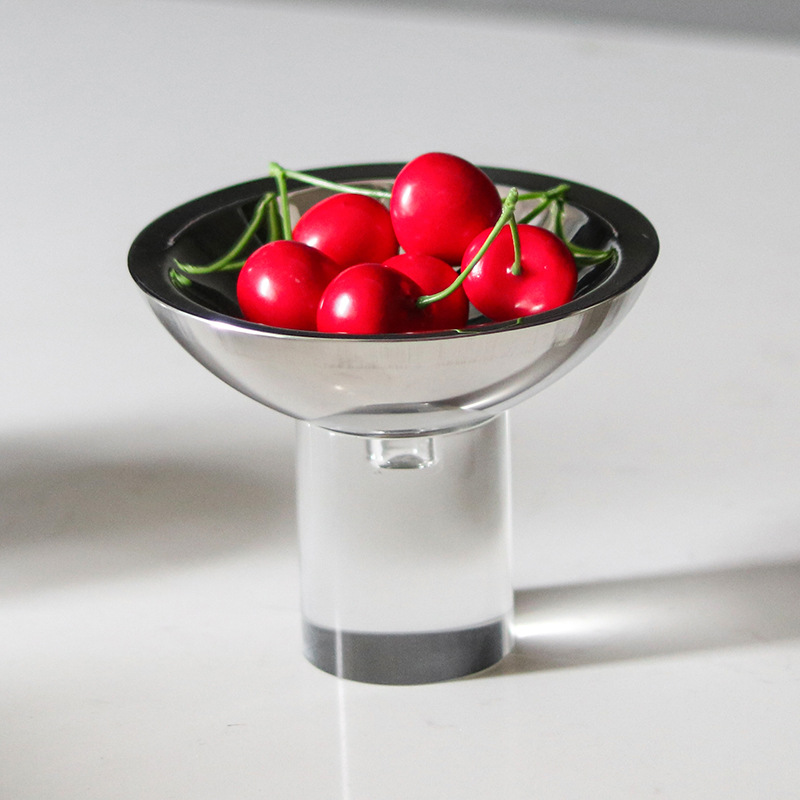 轻奢水晶柱底座圆形金属果盘摆件软装样板间售楼处小号零食碗摆设