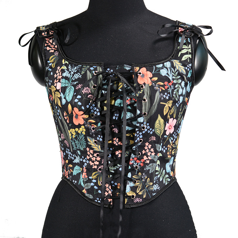 Spring and Summer 6636 New French Style Retro Chest Wrapping Palace Corset Front Strap U-Neck Leaf Printed Vest for Women
