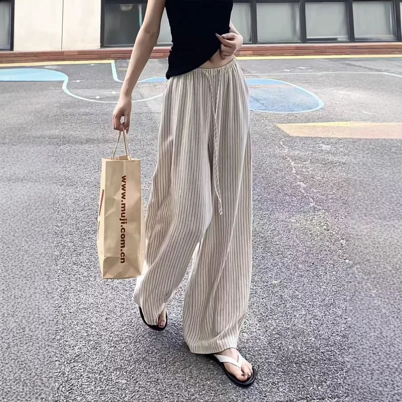 Popular Drawstring Elastic Waist Design Beige Drapey Striped Pants 2026 Summer New High-End Wide-Leg Pants Popular Drawstring Elastic Waist Design Beige Drapey Striped Pants 2026 Summer New High-End Wide-Leg Pants