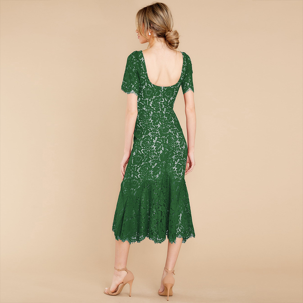 Solid Color Embroidery Lace Backless Fishtail Dress NSHYG111312