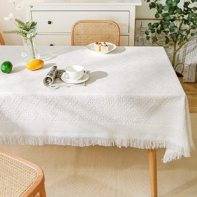 Mantel de gasa de algodón con borlas de estilo crema, mantel a prueba de polvo con atmósfera fotográfica, cubierta decorativa rectangular para mesa de centro antideslizante