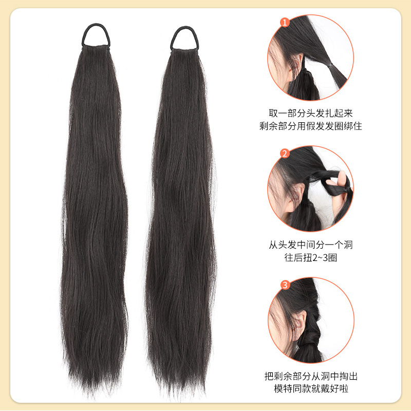 Peruca de rabo de cavalo Connie com cabelo longo e encaracolado de aparência natural, peruca de rabo de cavalo duplo estilo gravata