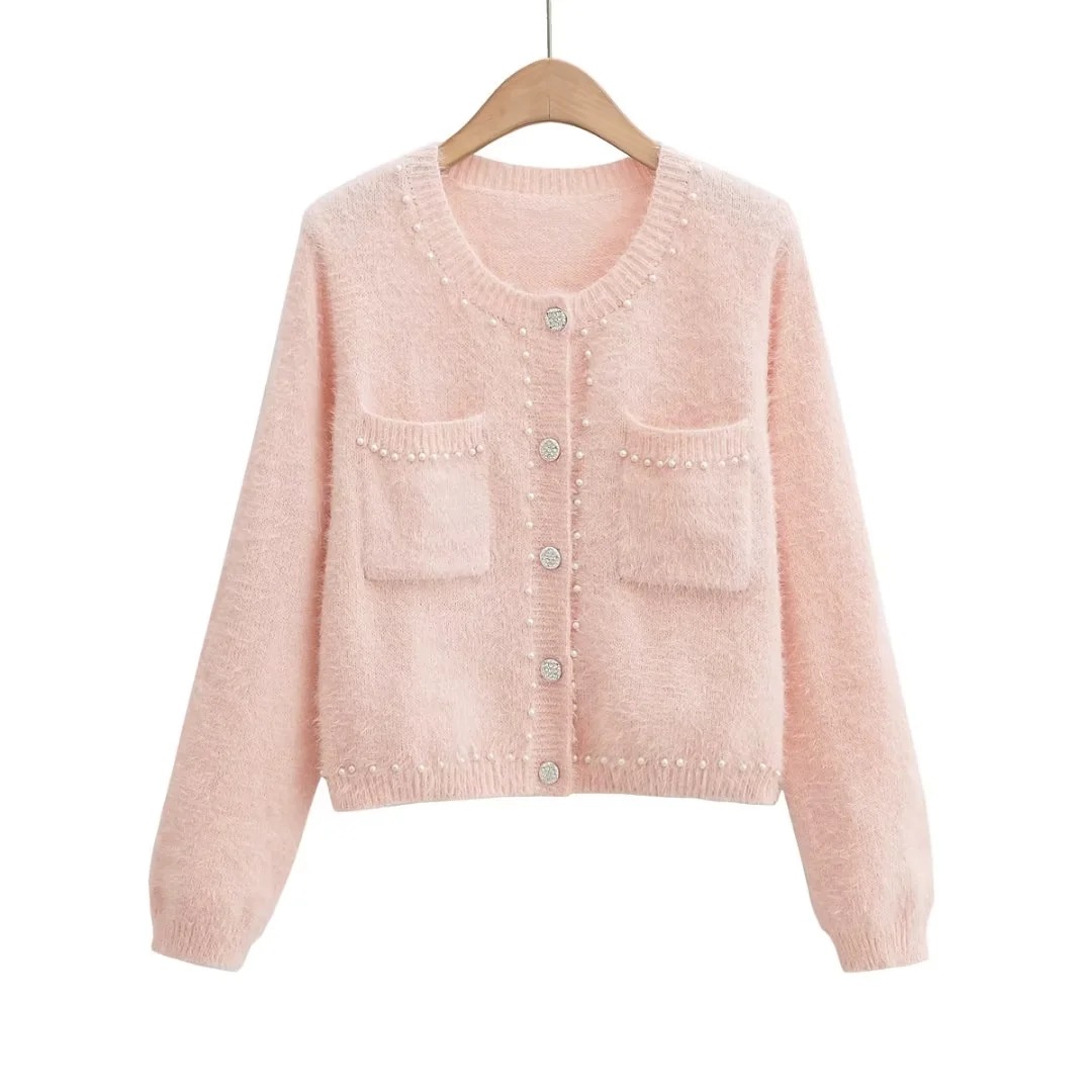 solid color round neck loose soft waxy knitted cardigan NSZQW138460