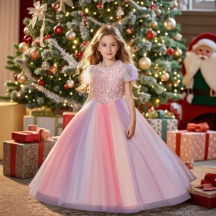 Children's Dress, Puff Sleeves, Sequined Princess Dress, Colorful Mesh Dress, Girl's Birthday Party Stage Performance Ready Stock