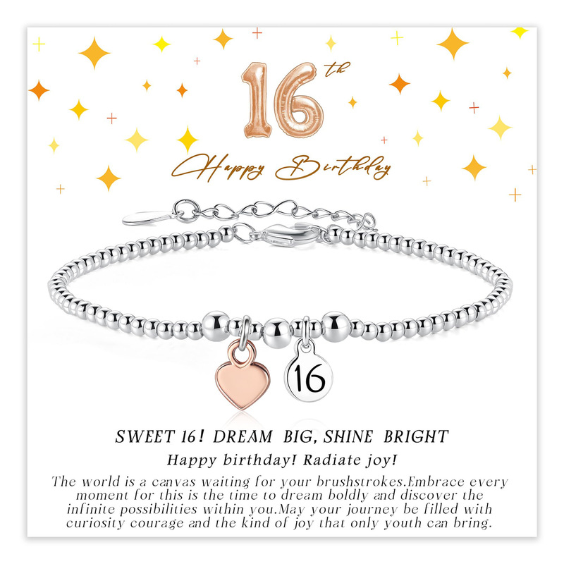 Silver Bead Heart Bracelet with Rose Gold Heart Pendant, Stainless Steel Round Tag with Laser Engraving, Silver Bead Heart Birthday Bracelet