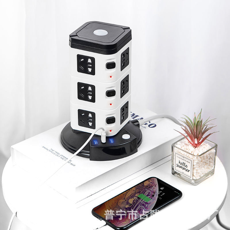 Torre de escritorio vertical portátil almacenamiento con lámpara de noche con USB con TC con puerto de carga PD enchufe de fila