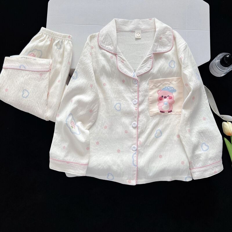 Girls Pajamas Cloud Cotton Long-Sleeved Pants Cartoon Cute Spring and Summer Lapels Can Be Worn Outside Middle and Large Children's Home Clothes Set