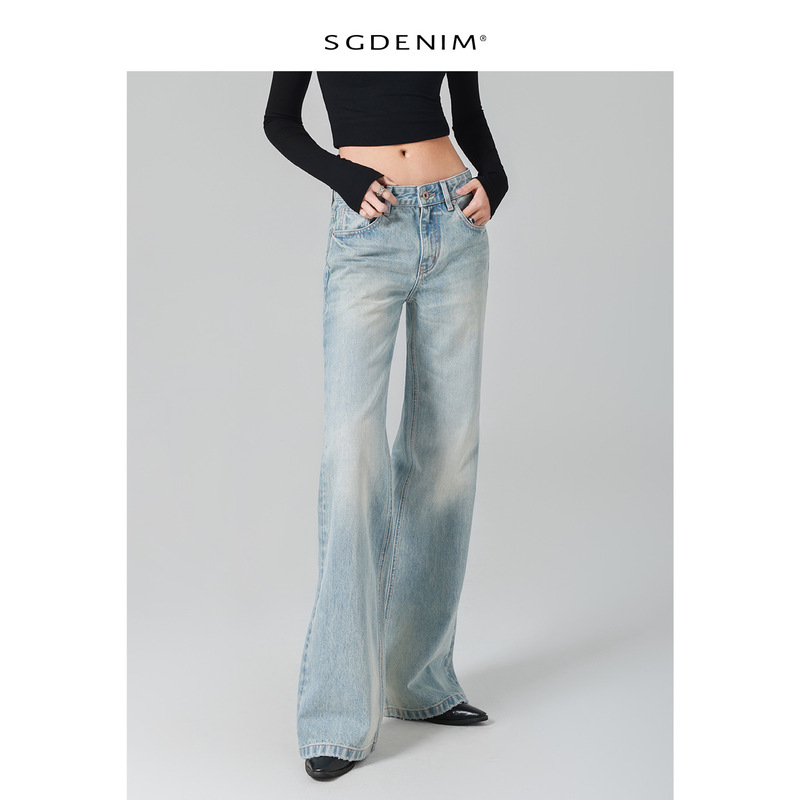 【Waist Slimming Pants】Luxury Brand Washed Light Blue Mid-Low Waist Straight-Leg Slightly Flared Jeans for Women, Trendy 26 Spring New Style