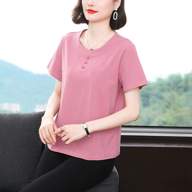 Мама летняя футболка с короткими рукавами женская 2024 новая хлопчатобумажная рубашка с половиной рукава большой размер повседневная свободная одежда среднего и пожилого возраста
