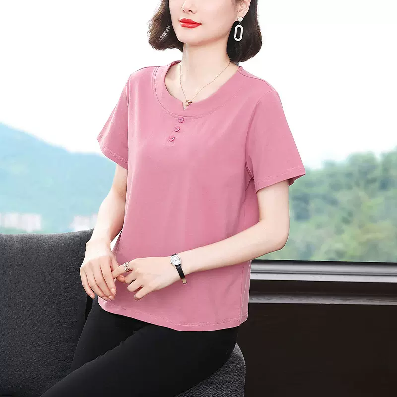 妈妈夏装短袖t恤女2024新款纯棉半袖衫大码休闲宽松中老年上衣服