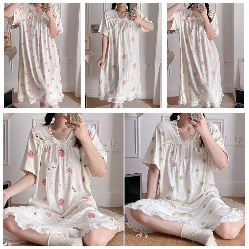 2024 pijamas de verano de encaje de algodón pijamas de cascada dibujos animados de manga corta ropa para el hogar media y larga adorable dulce al por mayor