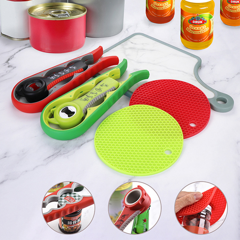 5-in-1 Bottle Opener, 4-in-1 Can Opener, Silicone Insulating Pad, Plastic 3-Piece Bottle Opener and Can Opener Set