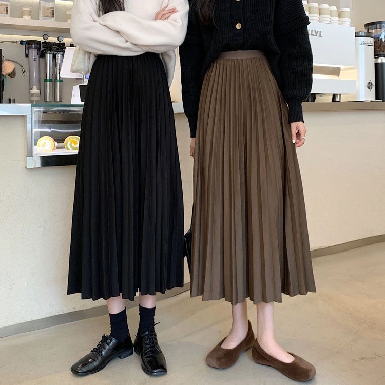 黑色半身裙女秋季2025年新款裙子秋冬中长款百褶裙显瘦高腰A字裙|undefined