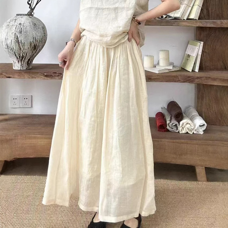 Literary Ramie Pure Color Skirt Women's Summer New Elastic Waist Lace Loose Long Skirt Casual Fashion A-Line Skirt Literary Ramie Pure Color Skirt Women's Summer New Elastic Waist Lace Loose Long Skirt Casual Fashion A-Line Skirt