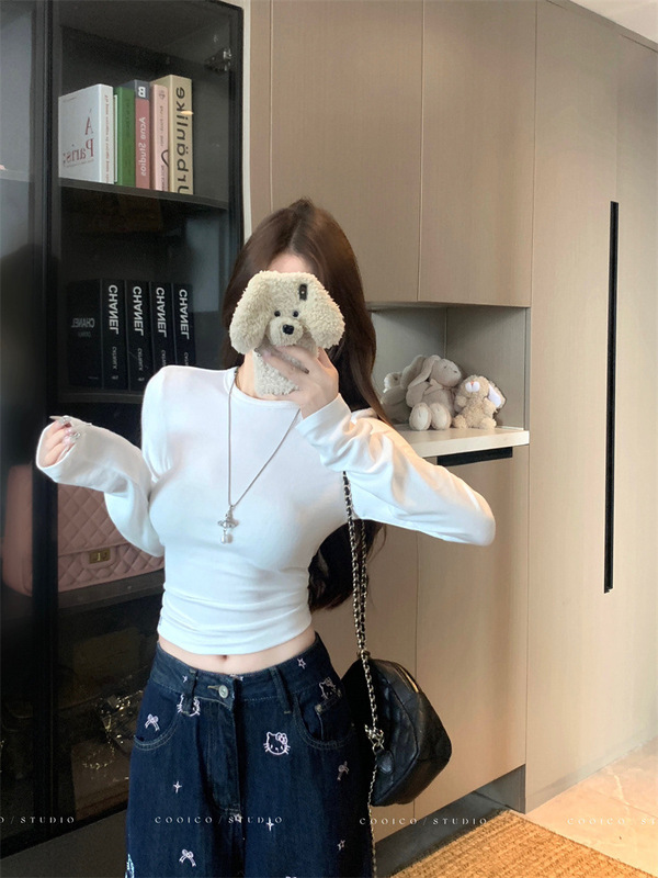 复古正肩长袖T恤女2025秋季新款设计感修身显瘦短款掐腰打底上衣|undefined