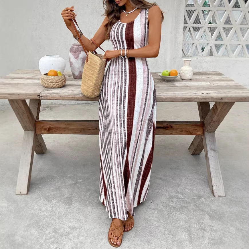 New European And American Independent Brand's Best-selling Women's Fashion Long Summer Vacation Style White Striped_voghion.com