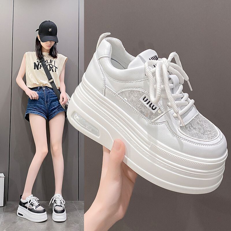 Summer Thin Sequin Lace Small Size 8cm White Shoes for Women, Thick-Soled Height-Increasing Platform Sneakers, Casual Sports Shoes
