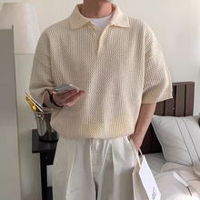 韩国设计感针织Polo衫短T男士夏季宽松翻领短袖韩版潮流镂空半袖