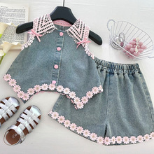 2025新款女童软牛仔短裤套装夏季儿童洋气镂空蝴蝶结无袖