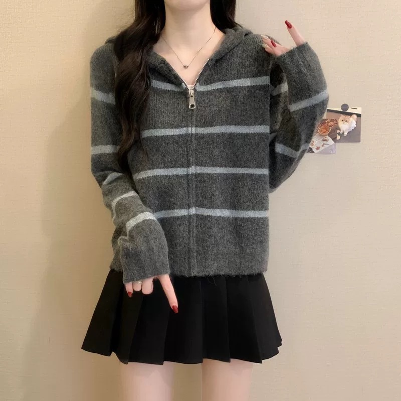 拉链连帽条纹撞色毛衣外套女2025秋冬新款休闲百搭慵懒风针织开衫|undefined