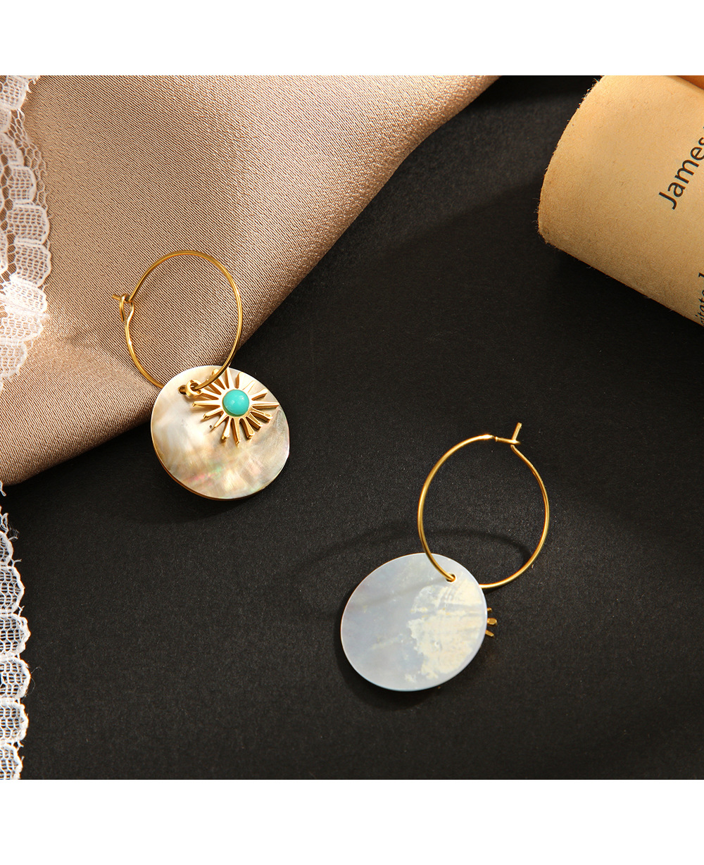 Vacation Round Stainless Steel Gold Plated Turquoise Shell Earrings 1 Pair