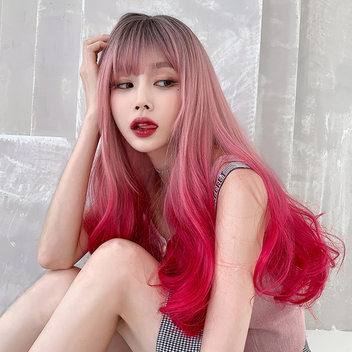 pink gradient curly long hair wig female long hair net red gradient big waves fashion pink head type is clear all net