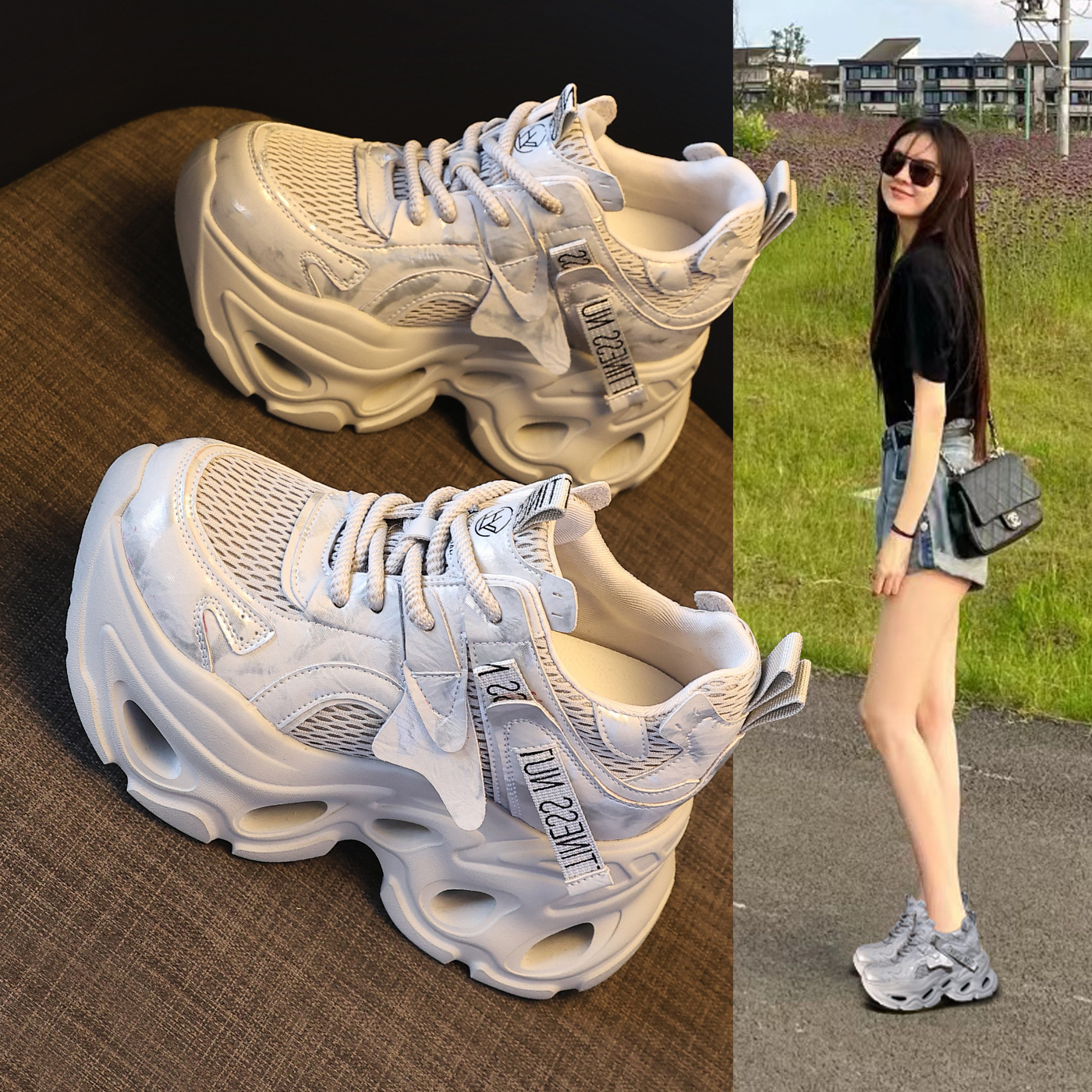 Giày sneaker nữ đế dày chunky lưới thoáng khí, tăng chiều cao 10.5 cm — màu trắng