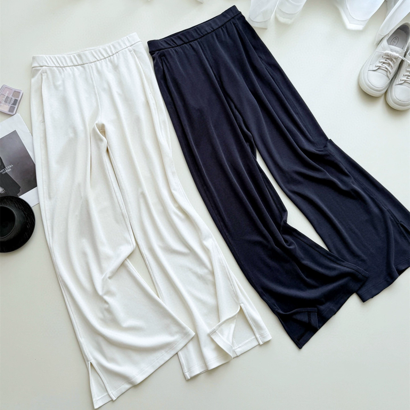 Новые повседневные трикотажные широкие брюки, высокоэластичные длинные брюки с разрезом, пике, хлопок, дышащая, шелковистая, свободная версия, трансграничная дропшиппинг