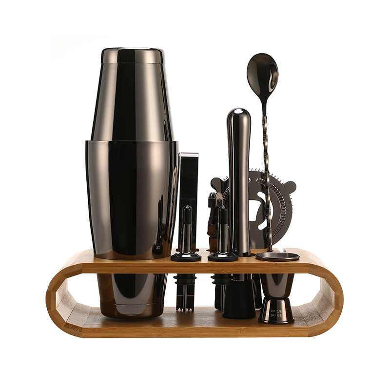 Cóctel de acero inoxidable transfronterizo herramienta de barra de 10 piezas base de marco de madera ovalada 750ML traje Shaker