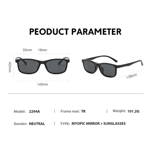 Retro Style Frame Sunglasses for Men and Women, TR Black Frame, Magnetic Five-Piece Set, Polarized Sunglasses with Replaceable Lenses, Model 2294