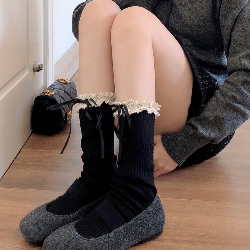 Calcetines de pantorrilla de encaje blanco para mujeres otoño y invierno gruesas calcetines de pila gris mediana calcetines de arco marrón