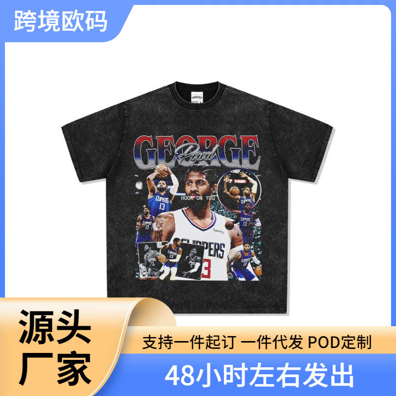 European and American Retro Clippers Paul George Paul George Printed Long Short Sleeve T-Shirt vintage Washed Ins