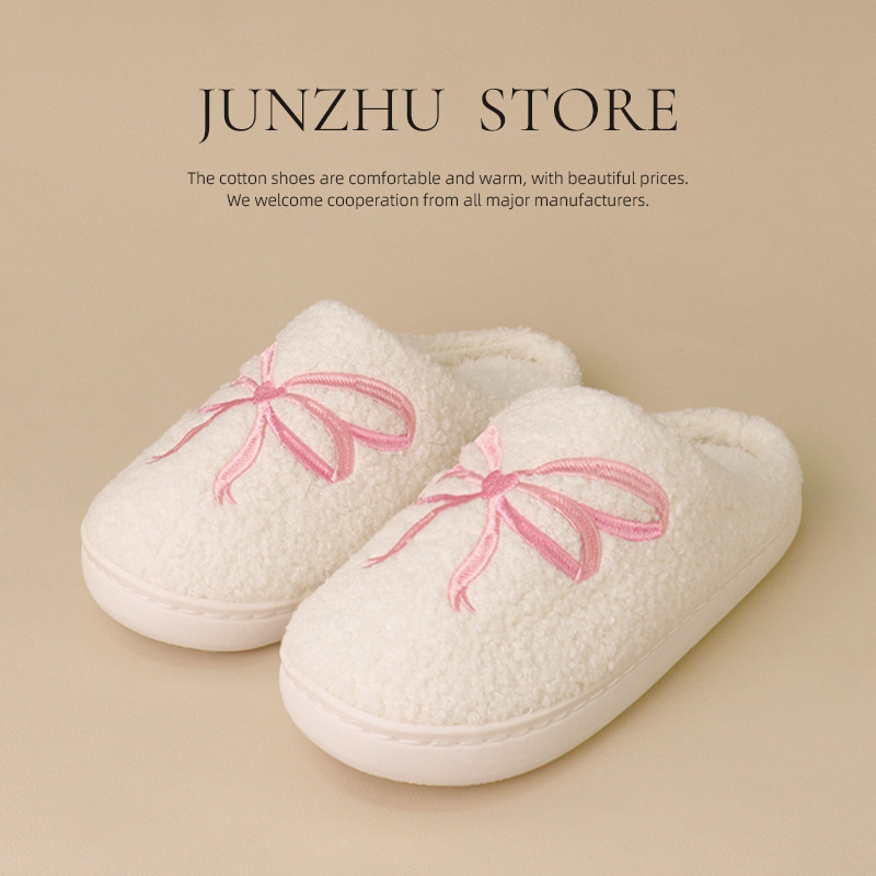 Valentine's Day Gift Barbie Fan Belt Knot Cotton Slippers for Women Indoor Autumn and Winter Comfortable Towel Embroidered Fur Slippers