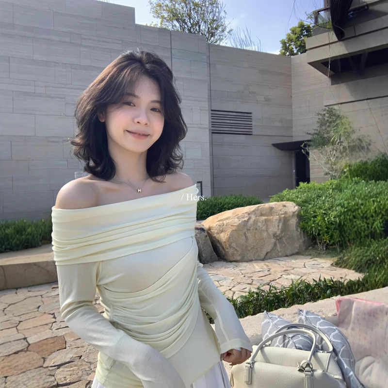 Hers Sweet Spring Korean Style Simple Chic Pleated Layered Off-Shoulder Long Sleeve Blouse for Women 80156