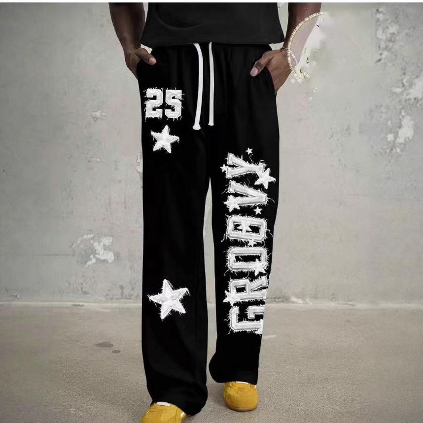 NOKOMETA American Retro Letter Star Printed Sweatpants, Trendy Brand Street Loose Drawstring Straight Sweatpants For Men And Women_voghion.com