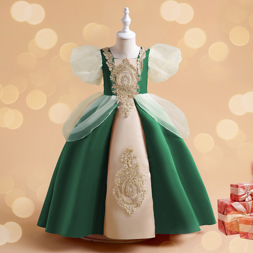 2024 New Women's Children's Dress for Foreign Trade, Middle Childhood Retro Children's Clothing Bubble Sleeve Embroidered Princess Dress Long Dress Formal Gown