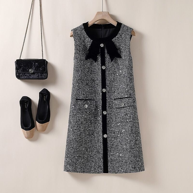 Chanel-style woolen vest dress, tweed A-line slimming dress for petite women, 2025 autumn and winter new women's fashion
